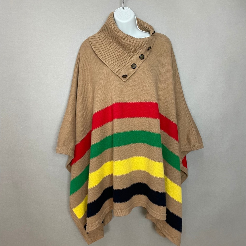 Lauren Ralph Lauren Poncho Women Small Medium Tan Multi Stripe Button Wool Blend - Picture 3 of 16